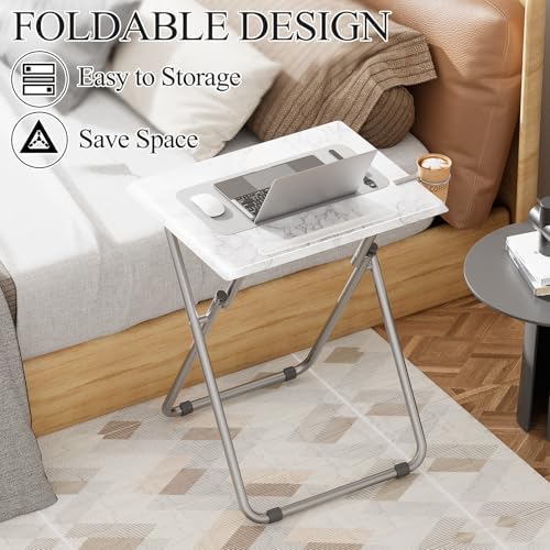 Folding TV Tray Tables, TV Dinner Trays for Eating, Portable Tv Trays with Cup Holder, Folding Tray Side Table, Foldable Snack Table for Bed, Sofa, (White Marble, 1PC) - Image 5