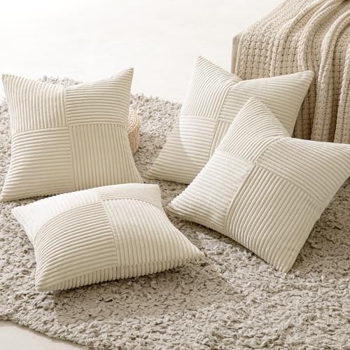 MIULEE Beige Throw Pillow Covers 20x20 Inch Set of 4 Boho Patchwork Cushion Cases Modern Farmhouse Pillow Cases with Invisible Zipper Corduroy Striped Home Decor for Couch Sofa Bedroom - Image 3