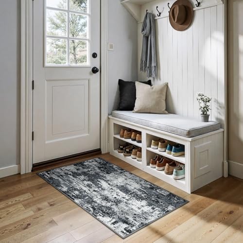 RELEANY Washable 2'x4' Abstract Area Rug for Living Room Black White by RELEANY