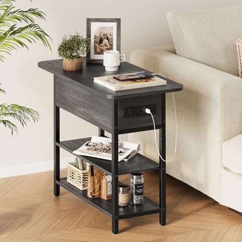 Yoobure End Table with Charging Station, Flip Top Side Table with USB Ports and Outlets, Sofa Couch Table Bedside Table for Living Room Bedroom, Narrow Nightstand with Storage Shelves for Small Space - Image 4