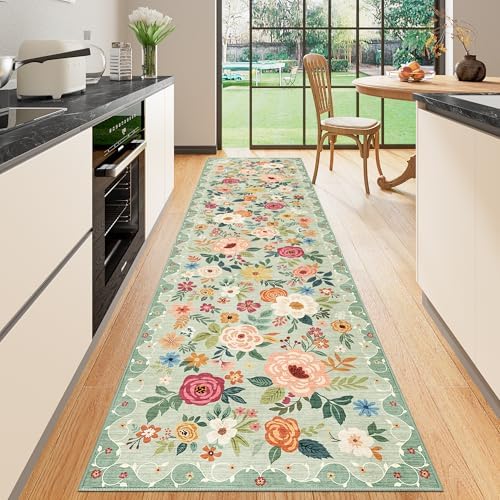 DUKINO 2.6x10 Runner Rug for Hallway, Washable Kitchen Rugs Non Slip, Green by DUKINO