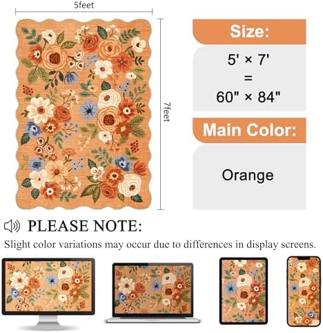 DUKINO 5x7 Area Rugs for Bedroom, Floral Washable Rug Non Slip, Orange - Image 2