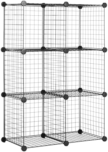 Amazon Basics 6 Cube Wire Grid Storage Organizer, Stackable Cubes, Cubby Bookcase, Display Shelf, 14" D x 14" W x 14" H, Black by AmazonBasics