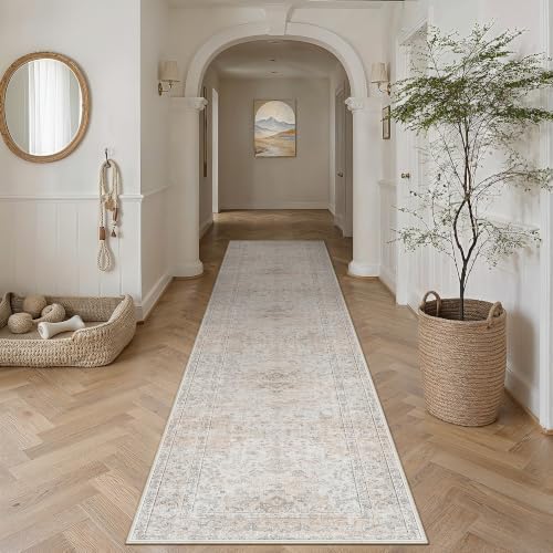 3x10 Washable Runner Rug Beige Grey Non Slip Vintage Carpet - Image 3