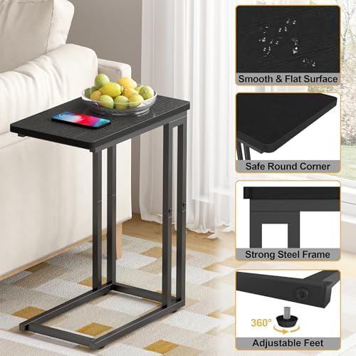 Yusong C Shaped End Table - Slide Under Sofa Couch Bed, Small Table for Small Spaces, Skinny Overbed, Coffee Drink Snack Table for Living Room, Black Oak - Image 6