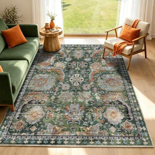 RUGSURE Washable Area Rugs - Perfect for Living Room, Bedroom, Kids Room, Nursery - Stain & Water Resistant Non-Slip, Pet & Child Friendly, Vintage Tribal Area Rugs (Green, 6' x 9') - Image 4