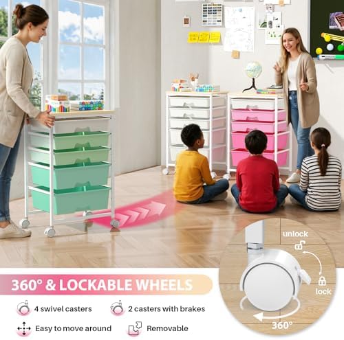 Goovilla Rolling Cart with 5 Drawers for Craft, Art, Dorm, Office, Pink - Image 5