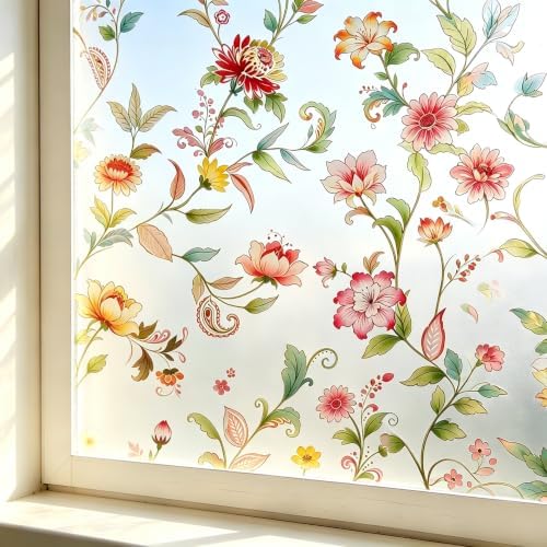 Finnez Window Privacy Film, Stained Glass Floral, Frosted, 35.4" x 78.7" by FINNEZ