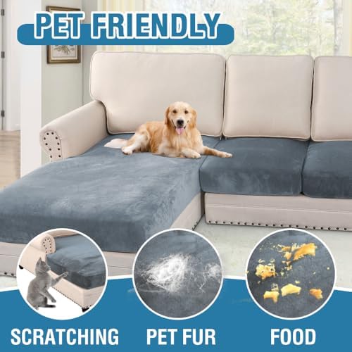 H.VERSAILTEX Velvet Stretch Sectional Couch Covers - 4 Piece Sofa Seat Cushion Set - L Shape Separate Cushion - Both Left/Right Couch Chaise Cover - Large Sofa 3 Seater + 1 Chaise, Stone Blue - Image 3