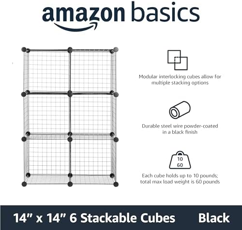 Amazon Basics 6 Cube Wire Grid Storage Organizer, Stackable Cubes, Cubby Bookcase, Display Shelf, 14" D x 14" W x 14" H, Black - Image 3