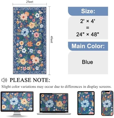 DUKINO 2x4 Entryway Rug, Floral Washable Kitchen Rugs Non Slip, Blue - Image 2