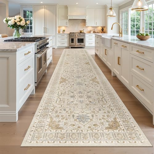 Madane Hallway Runner Rug 3x14 Washable Kitchen Runners Long, Beige/Blue - Image 3