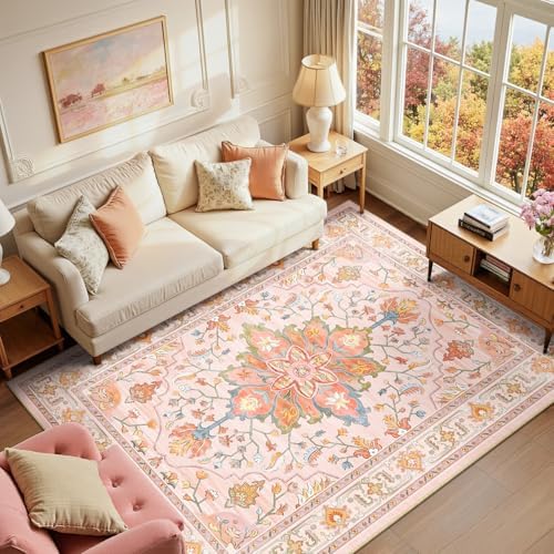 RELEANY Washable Area Rug, 6'x8', Pink/Light Pink/Colorful by RELEANY