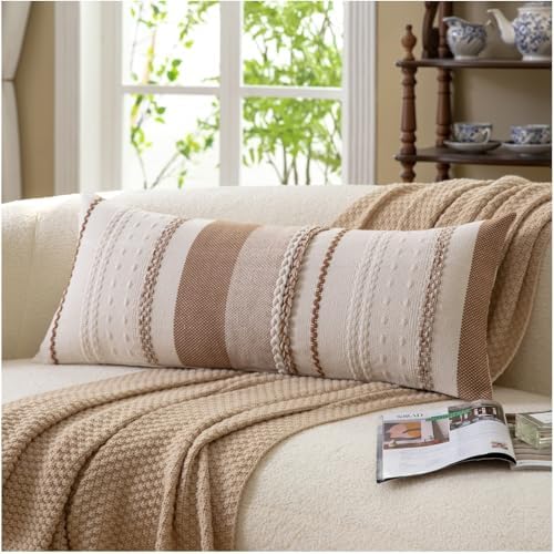Cethom Boho Lumbar Pillow Covers 14x36 Inch Long, Brown Textured Decorative Couch Pillow Cases for Farmhouse Home Decor, Accent Cushion Cover for Sofa, Bed, Living Room, Bedroom, Pack of 1 by Cethom