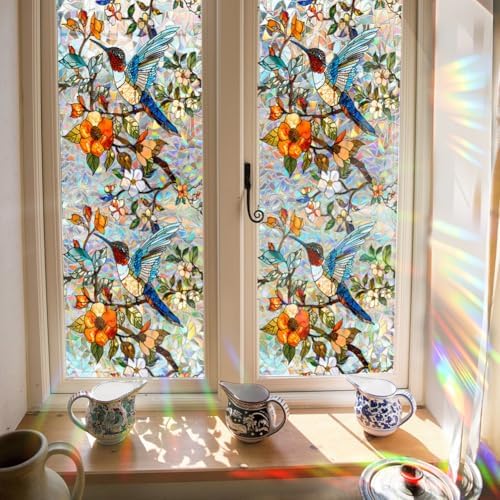 GORGECRAFT 39.4x17 Inch Humming Bird Window Privacy Film Rainbow 3D Static Flowers Glass Cling Non-Adhesive Reusable Stained Prism Window Decals Covering Sun Blocking Glass Sticker for Room Door by GORGECRAFT