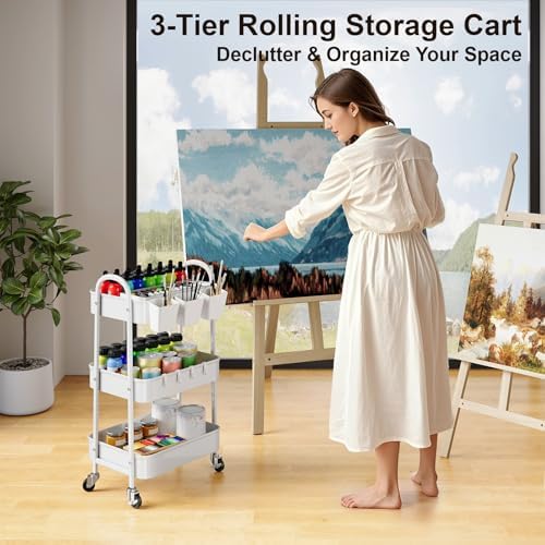 3 Tier Heavy Duty White Metal Rolling Cart with Lockable Wheels,Roller Cart - Image 2