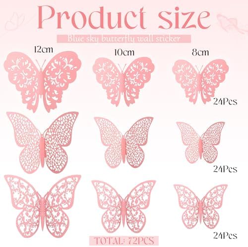Bememo 72 Pcs 3D Butterfly Wall Decals, 3 Sizes,Light Pink | Metallic Hollow Design for Bedroom Living Room, Removable Adhesive Wall Decor, Easy Peel Stick Party Decoration Stickers - Image 3