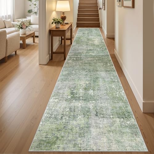 Soalmost Abstract Runner Rug 2x10 Hallway Kitchen Runners Green/Ivory - Image 2