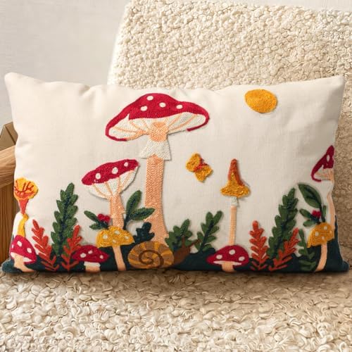 Embroidered Lumbar Pillow Cover 20x12 Inch, Mushroom Moon by Kokaaee