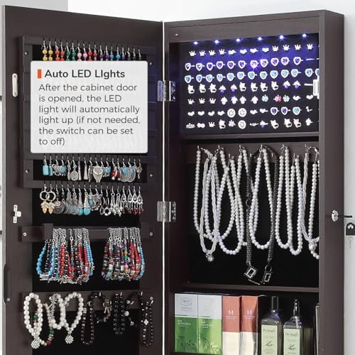 GISSAR Full Length Mirror Jewelry Cabinet, 6 LEDs Jewelry Armoire Wall Mounted Over The Door Hanging, Jewelry Organizer Storage with Lights Lockable, Brown, 14.6" x 47.2" - Image 7