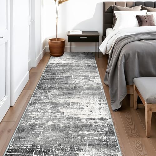 Washable 12ft Kitchen Area Rug: Abstract Entryway Rug Runner Soft Bedroom Besides Floor Mat Non-Slip Indoor Carpet for Bathroom Living Room Stain Resistant Runner for Family(2'6x12,Black/Grey) - Image 2
