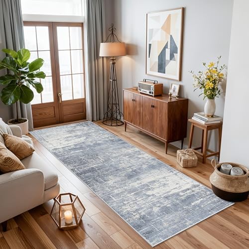 Hallway 2x8 Washable Runner Rug: Abstract Stain Resistant Kitchen Entryway Rugs Farmhouse Ultra Soft Bathroom Bedroom Print Floor Mat Thin Non-Slip Indoor Carpet for Living Room Laudry(2x8,Blue/ivory) - Image 4