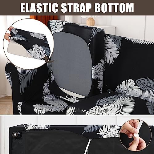 SearchI Stretch Sofa Cover Printed Couch Cover, Floral Pattern 4 Pieces Sofa Slipcover with 3 Separate Cushion Cover, Washable Furniture Protector for Living Room(Sofa, Black+Palm Leaves) - Image 4