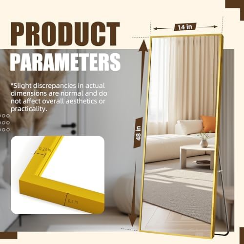 Antok Over The Door Mirror Full Length, 49'' x 14''Wall Mounted Hanging Mirror, Aluminum Alloy Frame, Shatterproof Glass, No Drill Installation for Bedroom, Closet, Bathroom, Dorm, Rect Corner, Gold - Image 4