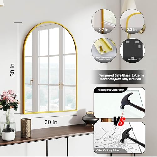 30x20 Bathroom Mirror Arch Wall Mounted/Against Aluminum Frame Gold - Image 3