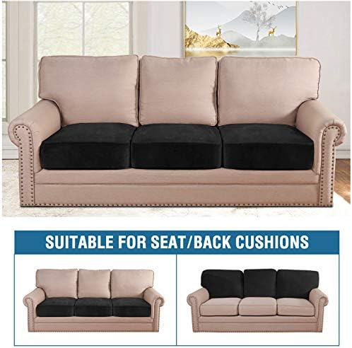 H.VERSAILTEX Velvet Stretch Couch Cushion Cover Plush Cushion Slipcover for Chair Loveseat Sofa Cushion Furniture Protector Seat Cushion Sofa Cover (3 Piece XL Sofa Cushion Covers, Black) - Image 3