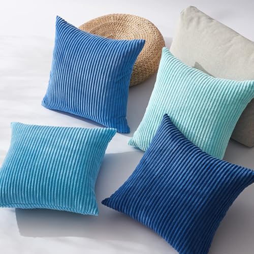 Topfinel Decorative Throw Pillow Covers Aque Teal Blue Series,Summer Corduroy Striped Toss Pillows for Couch,Patio,Balcony,Children Bedroom,Modern Fluffy Blue Gradient Shams 20x20 Inch Set of 4 - Image 3