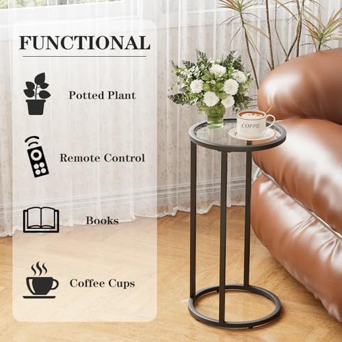 Easy Paws Round Side Table,Glass C Table,Couch End Table, Tempered Glass Snack Table with Metal Frame, Sofa Couch Bedside Table,TV Tray Table for Small Space(Black) - Image 4