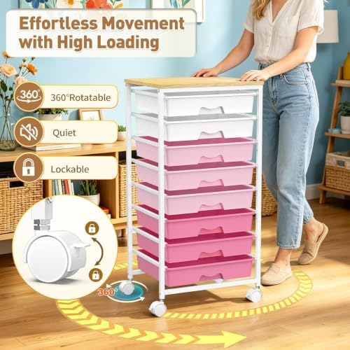 SUNALLY Rolling Cart With 8 Drawers, Storage Drawer Cart for Craft Art,Pink - Image 6