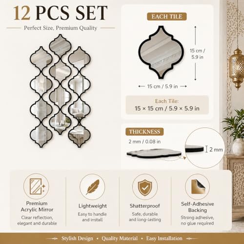 12PCS Moroccan Style Acrylic Wall Mirror Panels, Self-Adhesive Decorative Mirror Tiles for Bathroom, Living Room, Entryway Accent Wall, Lightweight Shatterproof Home Wall Decor (Black) - Image 3