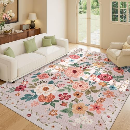 DUKINO 9x12 Area Rug for Living Room, Floral Washable Rug Non Slip, Beige - Image 3