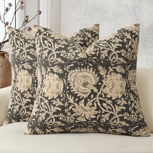 Vintage Floral Print Throw Pillow Covers 22x22 Set of 2 Neutral Modern Farmhouse Accent Decorative Cushion Covers Boho Home Decor for Couch Sofa Chair Bed Living Room, Black by DKwizme