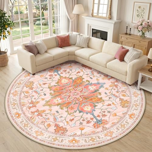 RELEANY Washable Area Rug, Round 10ft, Pink/Light Pink/Colorful by RELEANY