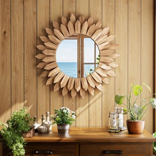 20" Round Sunburst Wooden Mirror Boho Rustic Wall Decor - Image 2
