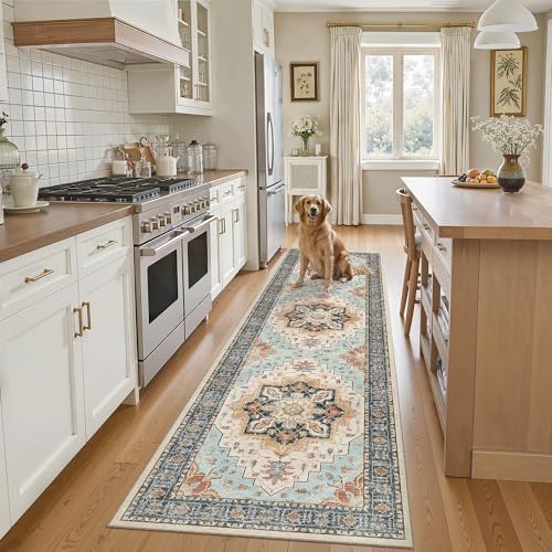 Madane Hallway Runner Rug 2x8 Washable Kitchen Rugs Non-Slip, Orange/Blue by Madane