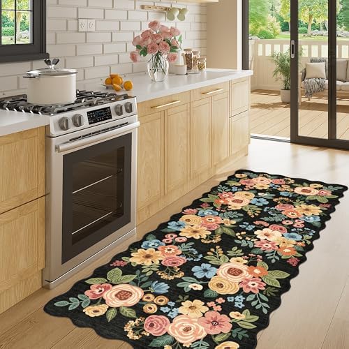 DUKINO 2x5 Washable Runner Rug, Floral Non Slip Rug for Kitchen, Black - Image 3
