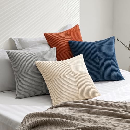 MIULEE Blue Rust Throw Pillow Covers 18x18 Inch Set of 4 Boho Farmhouse Cushion Cases Soft Corduroy Nordic Corduroy Pillow Cases Patchwork Home Decor for Couch Sofa Bedroom - Image 6