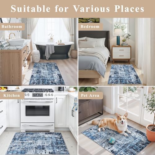 2x5 Washable Kitchen Runner Rug – Non-Slip Rubber Backing Low-Pile Soft Small Rug for Hallway Bathroom Bedroom Entryway Laundry Room – Modern Neutral Abstract Thin (Navy Blue) - Image 4