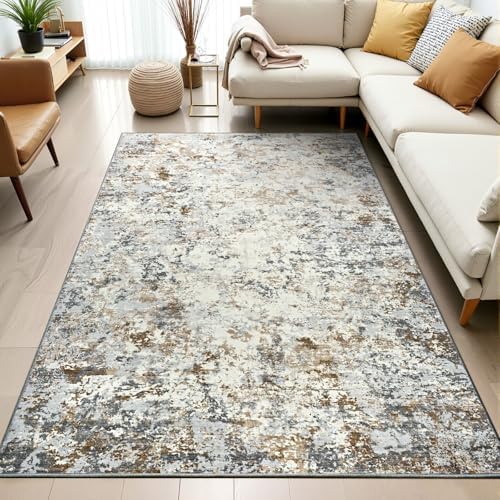 Toneed 4x6 Washable Area Rugs for Bedroom Living Room, Brown Grey Gold - Image 4