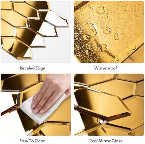 Lovdeco Peel and Stick Beveled Mirror Tile, Mirror Backsplash for Kitchen Bathroom Wall, 4x7.87 Inches Hexagon, Gold (30 Pcs, 4.8 SQ.FT.) - Image 3