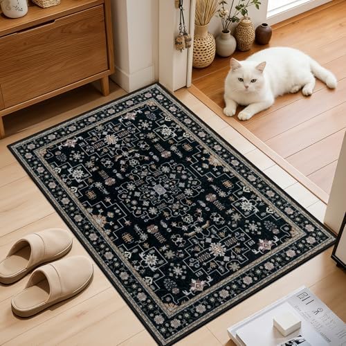 2x3 Area Rugs Living Room: Washable Vintage Rug for Bedroom Black - Image 2