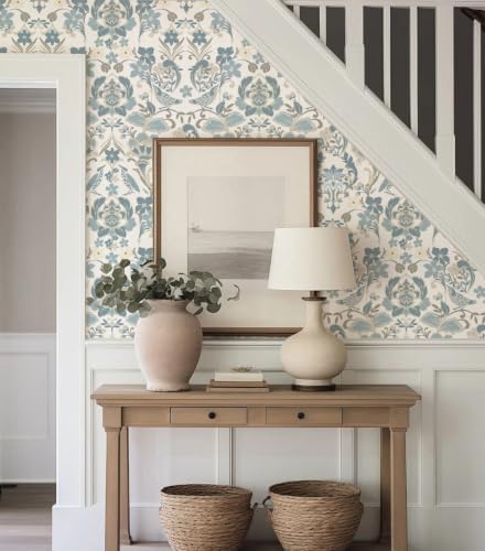 Vintage Peel and Stick Wallpaper, Light Blue Beige Traditional Damask Floral Removable Wallpaper for Bedroom Closet Accent Wall, Farmhouse Cottage Home Decor (Soft Blue, 17.3"x236.22") - Image 2