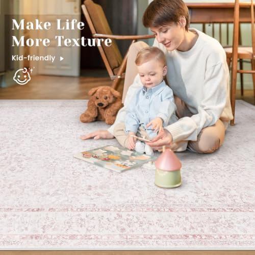 8x10 Area Rugs for Living Room: Washable Large Vintage Floral Rug Low Pile Non-Slip Boho Carpet for Bedroom Home Office Dining Room (Pink, 8'x10') - Image 5