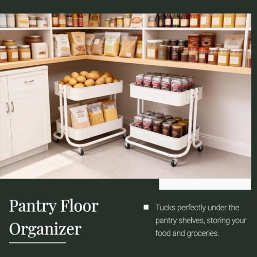 2 Tier Under Desk Storage Cart with Wheels Heavy Duty Metal Short Rolling Pantry Storage Cart for Small Space, Utility Trolley for Kitchen Bathroom Laundry Cute Snack Craft Organizer, White - Image 2