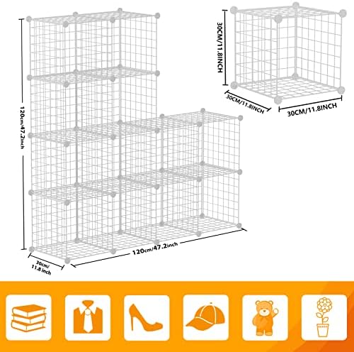 HUBSON Wire Cube Storage Organizer, Book/Toy/Craft/Potted Plants and petCloset Organizers and Storage Shelves, 12-Cube Freely Combinable Metal Grids Storage Shelf, White Iron - Image 3