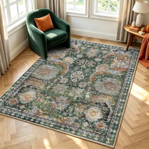 RUGSURE Washable Area Rugs - Perfect for Living Room, Bedroom, Kids Room, Nursery - Stain & Water Resistant Non-Slip, Pet & Child Friendly, Vintage Tribal Area Rugs (Green, 5' x 7') - Image 4